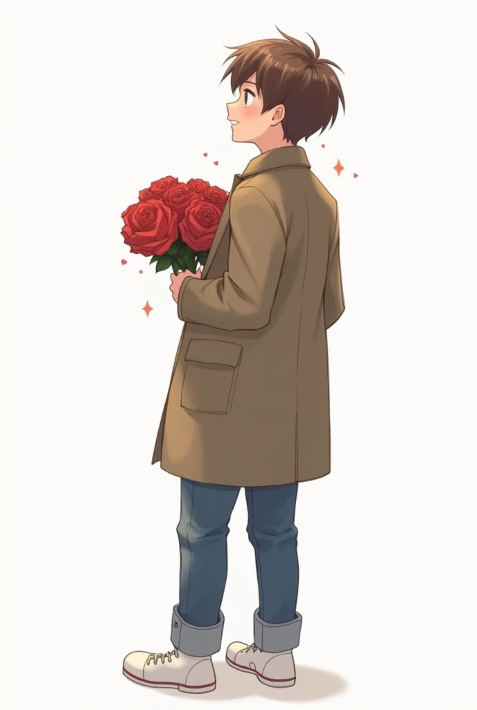  I want to create a male character , His hair is cut short ,  almost like those military cuts , in brown color,  he is standing looking up ,  holding a bouquet of roses as if he were offering it to someone who is on top,  the other hand is behind his back ...