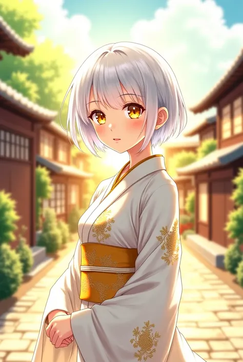 Make an anime woman with short white hair ,  with golden eyes and a white and gold kimono ,  in the background of a sunny day in an ancient village in Japan,  anime style  