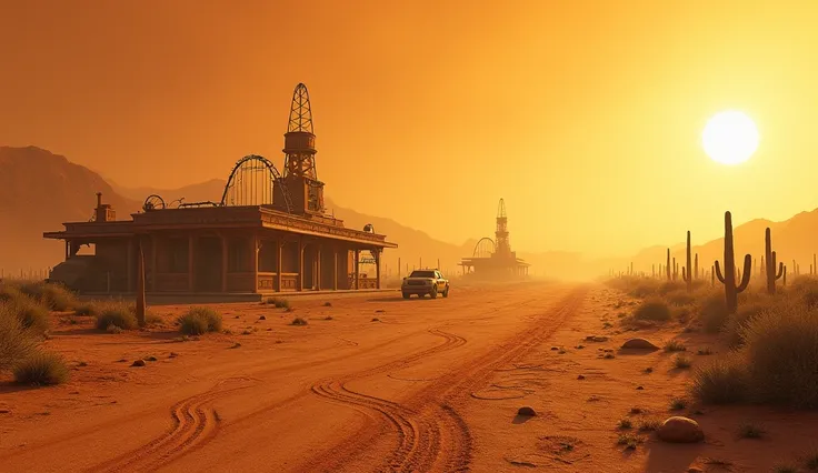 A vast, desolate desert landscape, inspired by Mad Max, stretching endlessly under a scorched, orange-tinted sky. The ground is cracked and barren, with dried earth and scattered rocks creating a rough, uneven terrain. The sun beats down harshly, casting l...