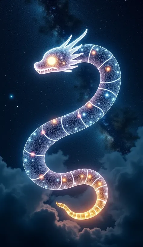 "A stunning night sky with a vivid constellation in the shape of a serpent. The stars form the detailed outline of a mystical snake, glowing in shades of silver, blue, and gold. The background is deep and star-filled, with faint nebula clouds adding textur...