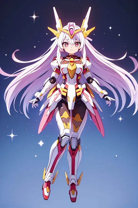 Full body art, full body,(masterpiece: 1.4), (highest quality: 1.4),  (She is fused with futuristic Gundam mecha), (very cute girl, super detailed face, eyes like jewels, white very long hair, Colorful gradient hair: 1.4), (Gundam style), with headgear, wi...