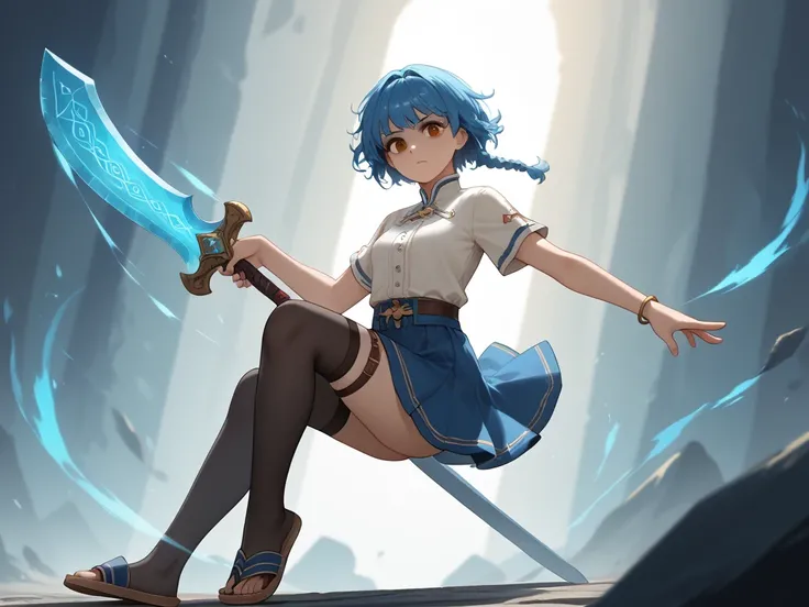 A young female character with blue hair, M-shaped bangs and a fancy French-style braided hairstyle. She has brown eyes, an innocent yet mysterious expression, and a slightly self-conscious aura. She wears a chest-opening high-neck shirt and a super short s...