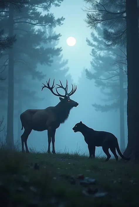 In a misty forest clearing, a majestic stag with antlers raised stands poised, its breath visible in the cool air, while a black panther crouches low nearby, eyes glowing and muscles tensed for a leap. The stags gaze is calm yet alert, while the panthers e...