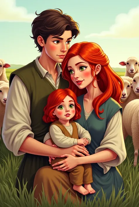  A red-haired baby with green eyes on her mothers lap, with his father .  Everyone wearing tunics amidst sheep . The whole picture in the shape of a comic book 