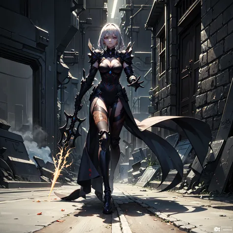 (((masterpiece, best quality, high detailed, 16k))) (1girl) A legendary, lethal assassin with short silver hair and an indifferent, cold gaze. Her slender body is clad in a sleek, ultra-advanced stealth armor, designed with dark matte tones and intricate g...