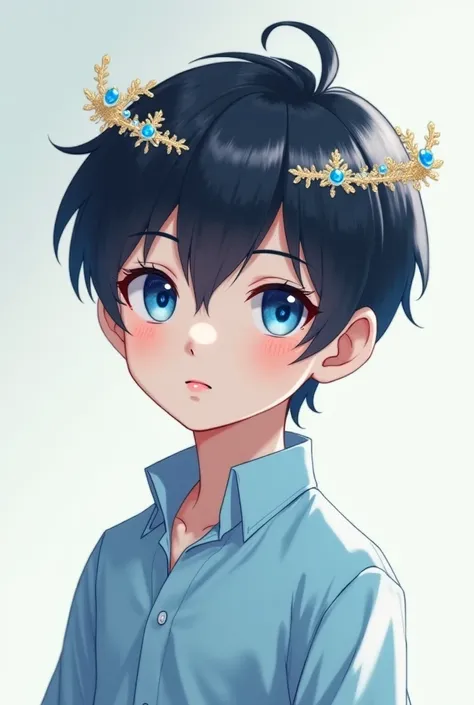 black hair blue eyes light blue clothes white skin anime boy crown