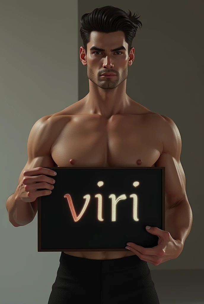 Naked sexy man with a sign that says Viri