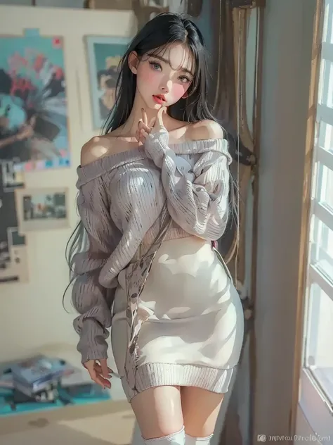 Hyper-realistic,photorealistic, super high definition painting,a beautiful young girl, Age 15、detailed face, Thick lips、Glossy lips、long black hair, Off Shoulder White Sweater Mini Dress , black tights,black heels,Highlight body lines with backlighting