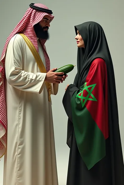 Imagine a man with a beard wearing a Saudi Arabian dress holding a cucumber in his hand and in front of him is a woman wearing an abaya with the Moroccan flag