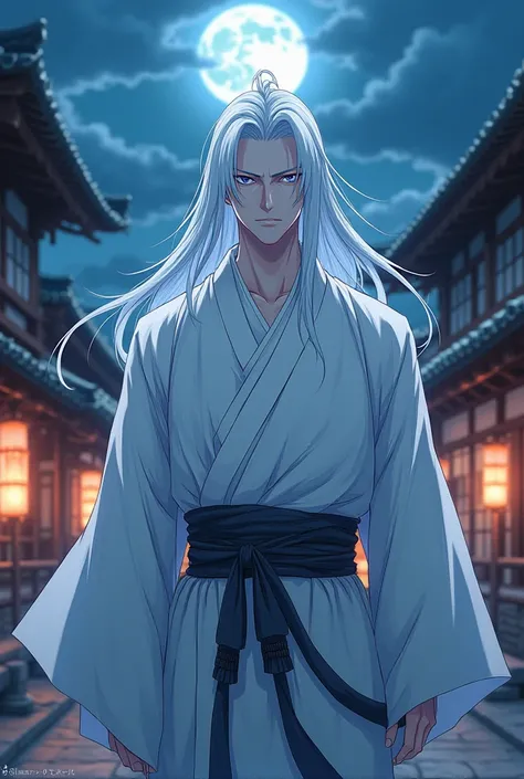 Make a man Anime ,  with a cold expression , pale skin, white eyes,  white hair,  samurai clothes in white ,  and in the background an ancient village in Japan at night,  anime style  