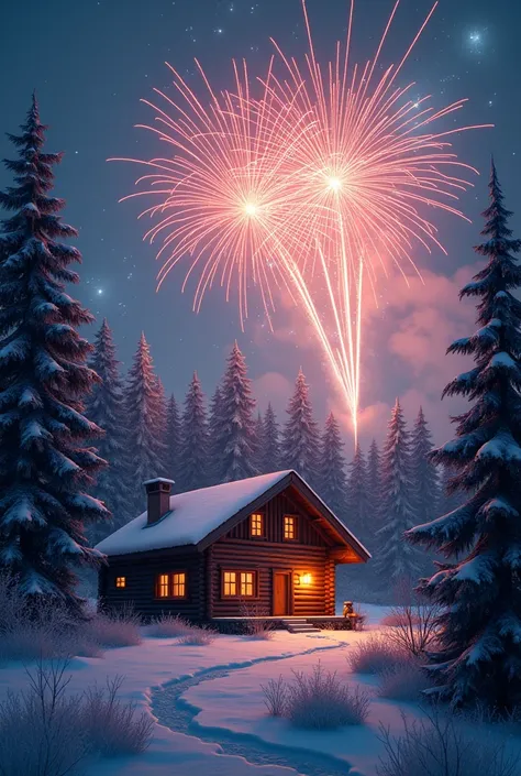  fireworks in the Bavarian Forest. In front of a log house 