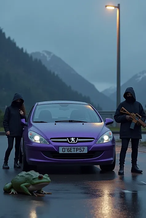 (photorealism:1.2), purple peugeot 307 car with 06ETP57 plate , under a lamp in a parking lot at mountain, with frog , and a girl with black clothes and mask and a assault rifle