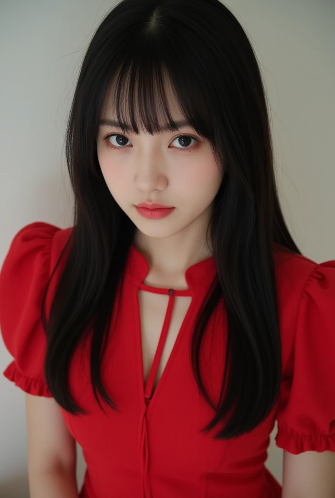 A young Thai woman with pale skin, solid black eyes, a slender face, thick Blunt Bangs, long, straight, jet black hair, wearing a short, puffy sleeved red dress. Dont smile, dont show emotion.Tall and thin, her eyes always look sad.