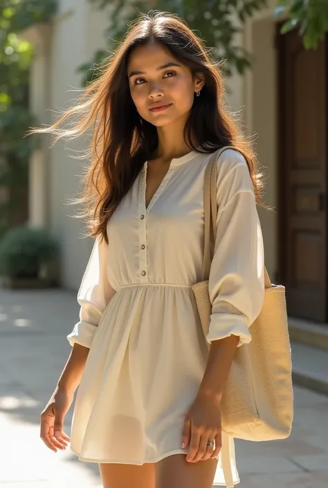 In short kurti with a tote bag open hair till shoulder 