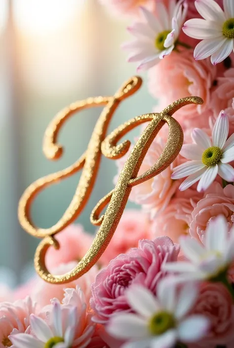 Create a logo for wedding stage decor with alphabet j and P in cursive letter.the logo is in the shining golden colour metal. Background is in the white and pink beautiful fresh flowers 