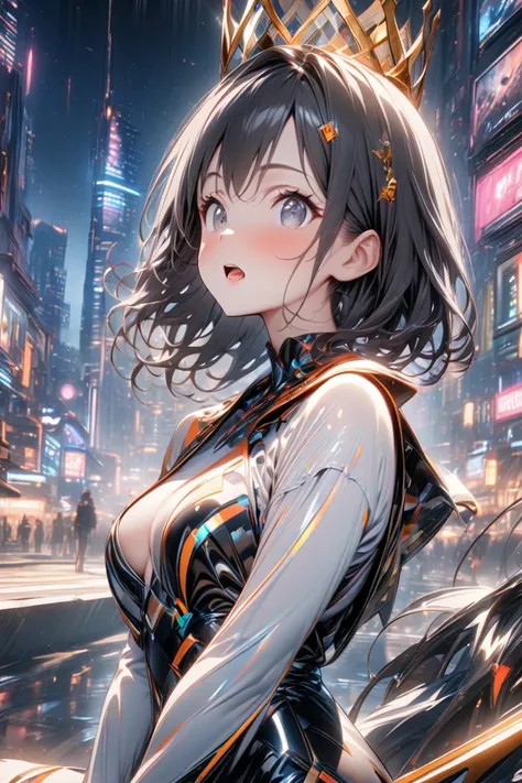 Anime style, height 175cm, black hair, black eyes, fair skin, futuristic clothing, background, futuristic city, night view, Sparkling 1 girl,  from your hand and direct your gaze,  high res,  has won many awards ,  High Definition Model ,  High Quality ,  ...