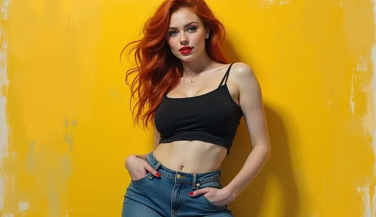 (3D charcoal illustration), gray scale, irregular strokes, work of art, a 22 year old girl, (big curvy: 1.5), beautiful, redhead, red lips, black sleeveless crop top, long blue denim pants, bare feet ,yellow wallpaper,hot posing,dynamic pose,smile,flawless