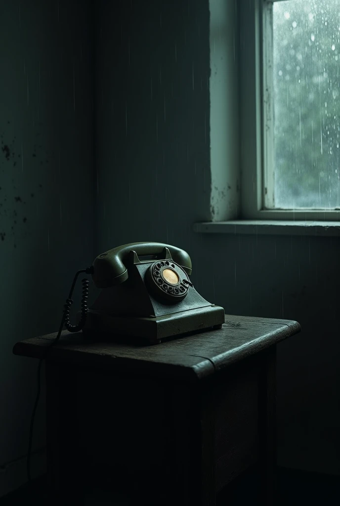  An old telephone on a small table , ringing in a dark and quiet room .  The faint light from the window partially illuminates the device,  while rain hits the glass in the background .