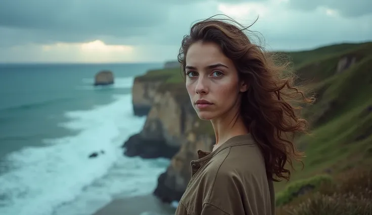 A young woman, around 24 years old, with curly brown hair and hazel eyes, standing at the edge of a cliff, overlooking a vast ocean. The wind ruffles her hair as she stares into the distance, with uncertainty in her gaze. The ocean waves crash violently ag...