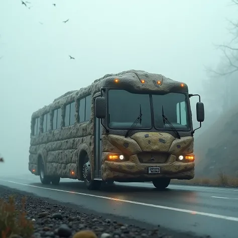 Create a realistic image. on a road Design a bus. The head of the bus will be just Rocky face and the rest will be made up of Rocky iconic costume. The background is fog.