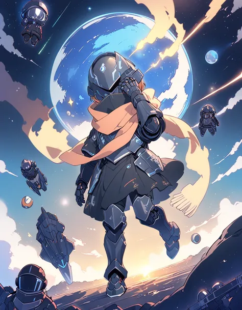 Detailed 8k cute theme , boy in iron helmet covering all over his face and scarf, Short hair disheveled black wearing black technological armor with outer space in the background ( full body )