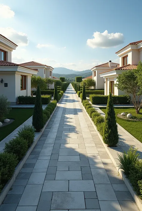 Create a picture of a street 270 meters long and 9 meters wide with 14 houses on one side and 13 houses on the other.
 The lands on which the houses are located have surfaces between 500 and 700 square meters. 
 The location of the land is on the outskirts...