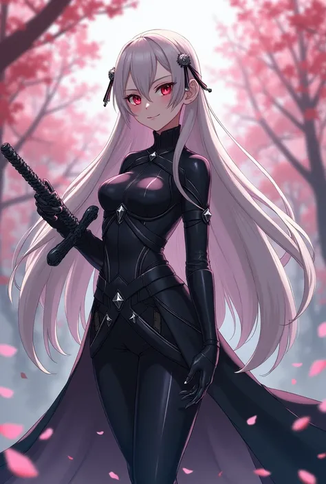 A beautiful and tall demon slayer girl with long white hair, red eyes, a cold expression, a black sword, cherry blossom background, demon slayer uniform.