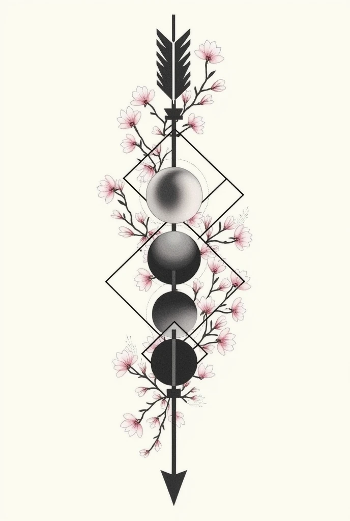  A tattoo representing an arrow , With the moon phases, , geometric shapes, and Sakura flowers. Linearly but thick .  The phases of the moon being in the center.