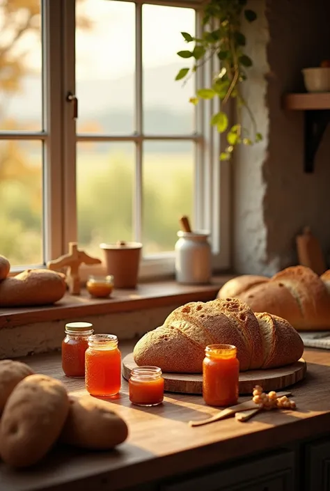 A cozy kitchen with large windows overlooking the countryside. Freshly baked bread and jars of homemade jam sit on a wooden table, with the morning light streaming in.