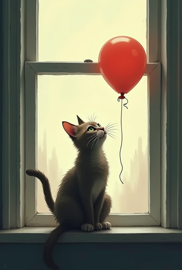 A sad cat because he lost his baloon