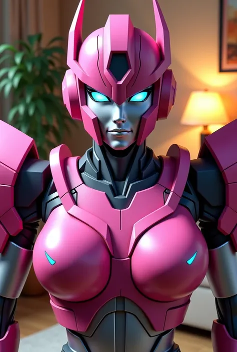  Arcee the autobot from transformers in the family room. Looking at and standing up super close to the camera like a selfie 
Arcee robot face
Dark pink
Small smile
Big robot breasts