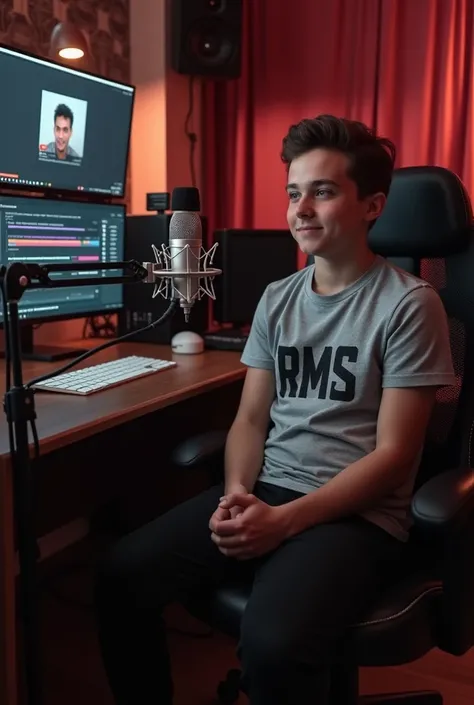 An 18 year old boy is sitting on a chair in the studio wearing a t-shirt and the t-shirt has RMS written on it. The boy is recording with a microphone and next to him is a computer with the RMS youtube channel on the computer.and YouTube video editing in t...