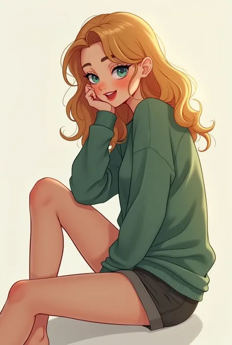 I want to create a female character ,  she is wearing a slime green sweatshirt ,  has medium wavy strawberry blonde hair , She is sitting, Turn of profile ,  looking down,  as if she were on top looking at something below , She is sitting com as pernas cru...