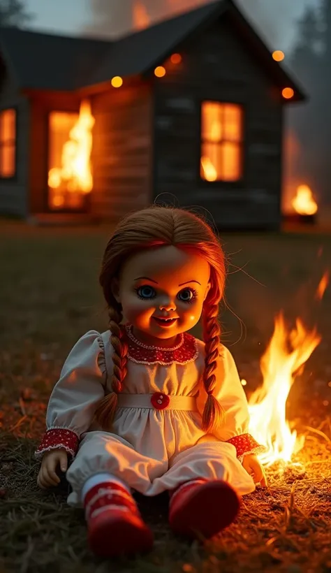 A creepy doll resembling Annabelle, dressed in a vintage white dress with red accents, sitting on the ground surrounded by flames. The doll has an eerie smile and braided hair, with fire engulfing its dress and spreading around. The background features a d...