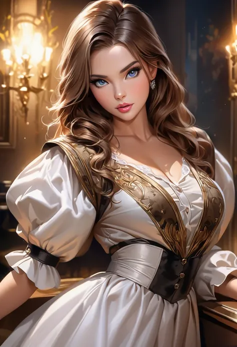 A Beautiful Women In A furry blouse furry skirt. Plush Lips. Large Doe Eyes. G-Cup. The Medium Used To Depict This Artwork Is Oil Painting, Ensuring A High-Quality And Detailed Result. The Painting Style Is Realistic And Photorealistic, With Vivid Colors A...