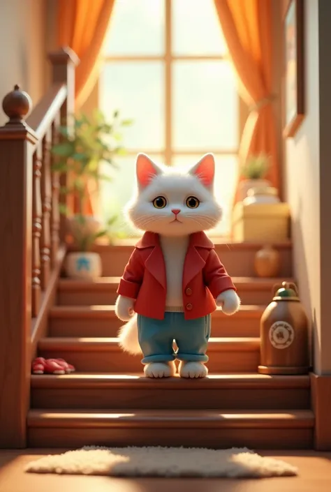 Generate a high quality 3D image:A white cat wear red jacket and blue pant and going down the stairs at house in morning