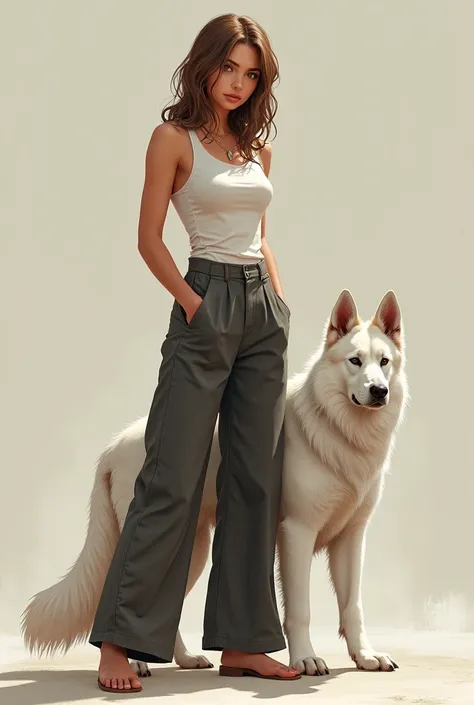  A tall girl with 1  .  70 light brown hair  ,   brown eyes  , athletic,   with a serious expression and a nostalgic face , Her pants are wide  ,   with her white Swiss shepherd dog  