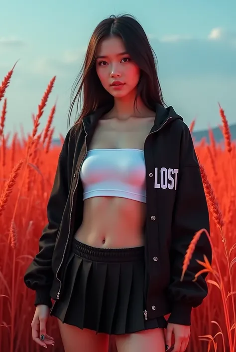 (Qingxu _ Realistic photograph of Asian beauty portraits _V11)
 A beautiful and elegant Asian woman , posing daring in a photo shoot ,   She wears a white mini tube top that reveals her belly,  a short pleated black miniskirt ,  a black hip-hop jacket with...