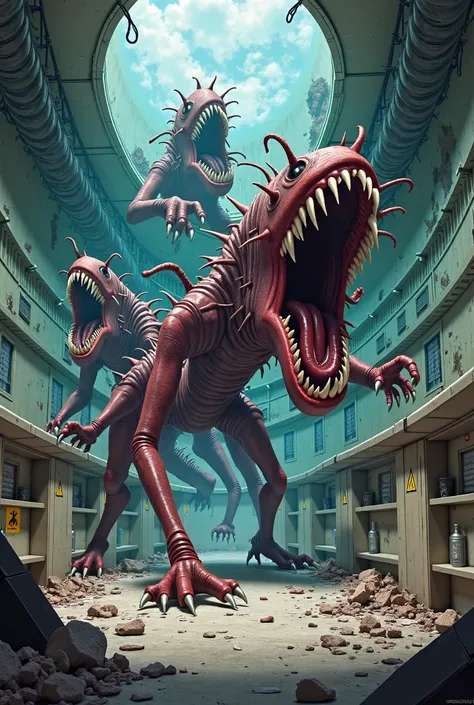 Several monsters with sharp teeth and long, sharp claws and connected to tubes coming out of an abandoned laboratory violently (anime version) 