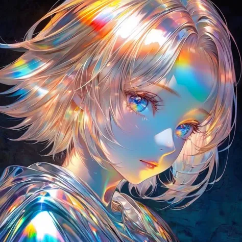 conceptual installation,  vivid colors, colorful artwork, (Soft atmosphere:1.3),Cute beauty, Striking beautiful eyes, Shiny, silky, disheveled gray hair ,  very detailed, Perfect Proportions, Transparent, iridescent, naturally luminous,   delicate and dyna...