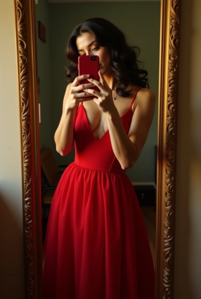 araffe woman in a red dress taking a selfie in a mirror, a picture by Amelia Peláez, instagram, tachisme, sexy dress, sexy red dress, very sexy outfit, 18 years old, sexy look, sexy outfit, 1 , 21 years old, 2 , lorena avarez, red dress, red hot