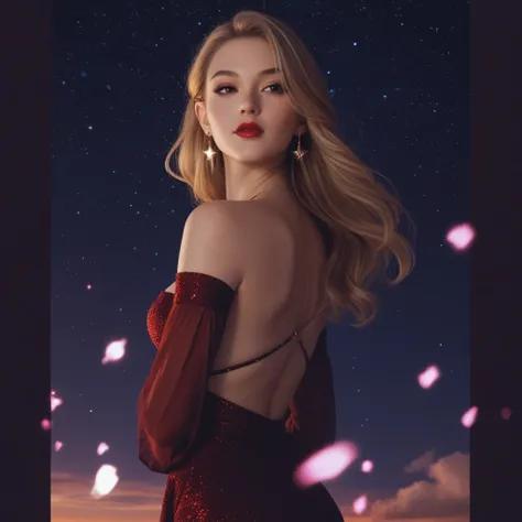 1girl, aurora,Light brown hair, breasts, brown eyes, dress, earrings, elf, jewelry, lipstick, long hair, looking to the side, makeup, medium breasts, night, night sky, pointy ears, red dress, red lips, sideboob, signature, sky, solo, star (sky), starry sky