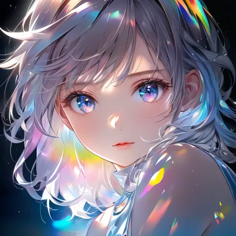 conceptual installation,  vivid colors, colorful artwork, (Soft atmosphere:1.3),Cute beauty, Striking beautiful eyes, Shiny, silky, disheveled gray hair ,  very detailed, Perfect Proportions, Transparent, iridescent, naturally luminous,   delicate and dyna...