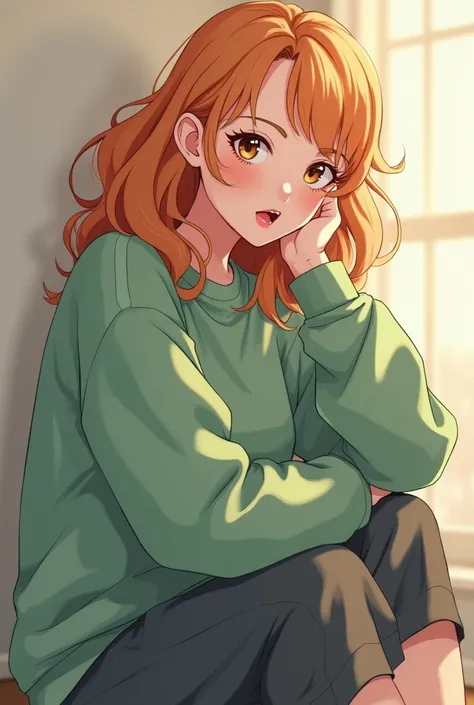 I want to create a female character ,  she is wearing a slime green sweatshirt ,  has medium wavy strawberry blonde hair , She is sitting sideways,  looking down,  as if she were on top looking at something below , she is sitting far away ,  with her arm r...