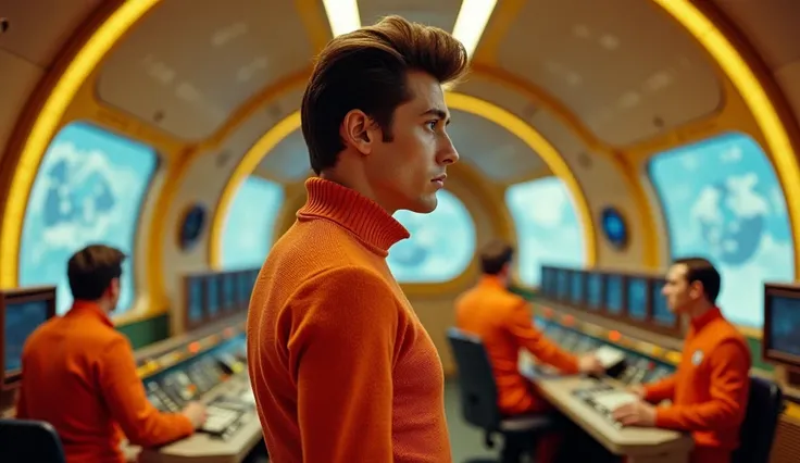 man standing in foreground, close up, wearing orange knitted uniform, retro 1960s sci-fi style. Elvis hairstyle. Looking off to the side. Background is 1960s retro low budget sci fi feel. 1960s tv lighting. 1960s retro photography. Inside a small tubular r...