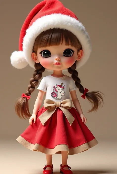 A  girl is a Thai-British half-
With black and white eyes 
Long hair, light brown, with ponytail hair
Braid 2 sides, decorated with a red bow.
Put on a Santa hat.
With rounded puffy cheeks.
Wear a short-sleeved white T-shirt with a unicorn print on the fro...