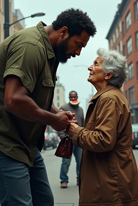 Black man stealing purse from old lady Black Man eating watermelon 