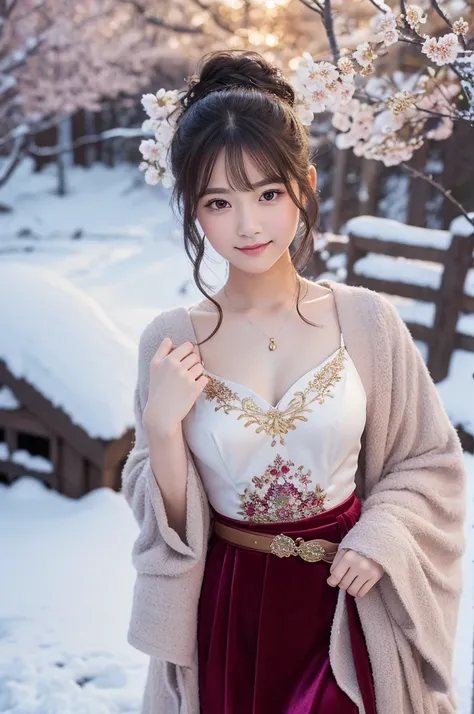 8k, RAW photo, best quality, masterpiece:1.2), (realistic, photo-realistic:1.4), (extremely detailed 8k wallpaper).A stunning young woman with delicate, doll-like features stands gracefully in a snow-dusted Japanese garden. She wears a sophisticated outfit...