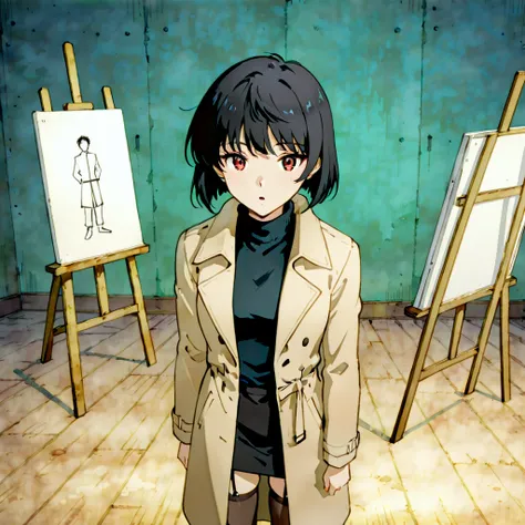 ,parted lips, looking at view， turtleneck，Trench coat，Stockings,Alone,1 girl，exciting，black hair,short hair,red eyes，Ateliers，easel，Draw with a brush