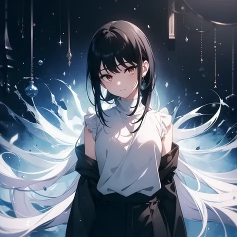 ((((Masterpiece,  best quality,  super high res)))),  1 girl,  is standing,  dressed casually,  loose t-shirt ,  loose shorts, ( black hair, dark  black hair in face),  long haircut,  blue-white skin, ((brown eye)), Shine_eye, 青い eye, (ultra detailed eye:0...